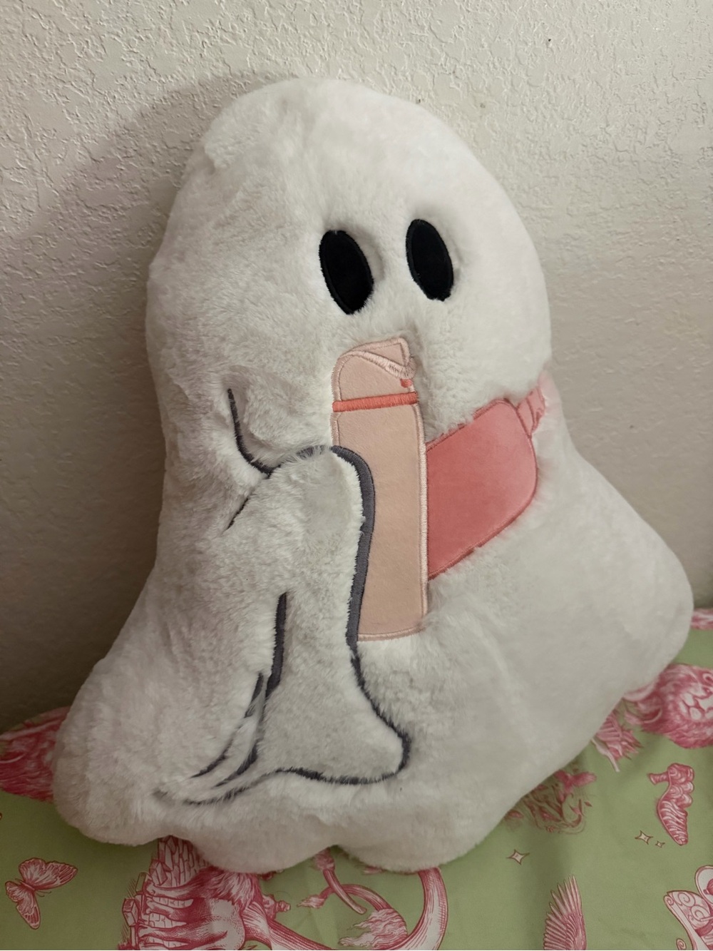 White Ghost Plush Pillow with Pink Accent
